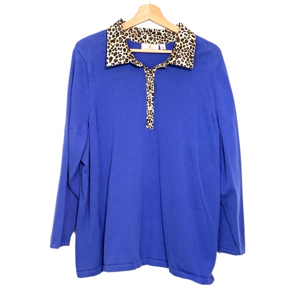 Quacker Factory Tops - Quacker Factory Royal Blue Leopard Collar Women's Top Size 2X Casual Comfort